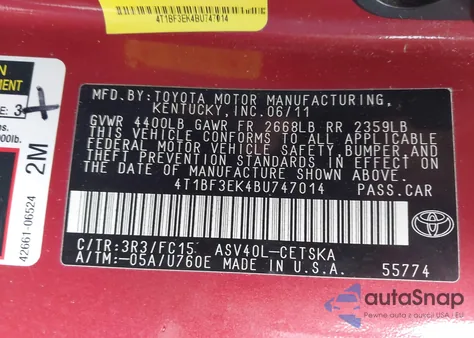 2011 Toyota Camry Se z USA, uszkodzony, nr VIN 4T1BF3EK4BU747014